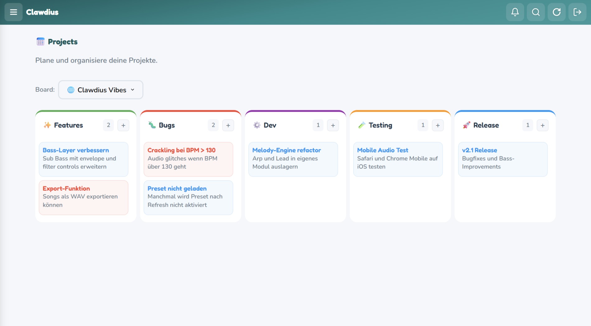 Clawdius Dashboard – Projekt-Board